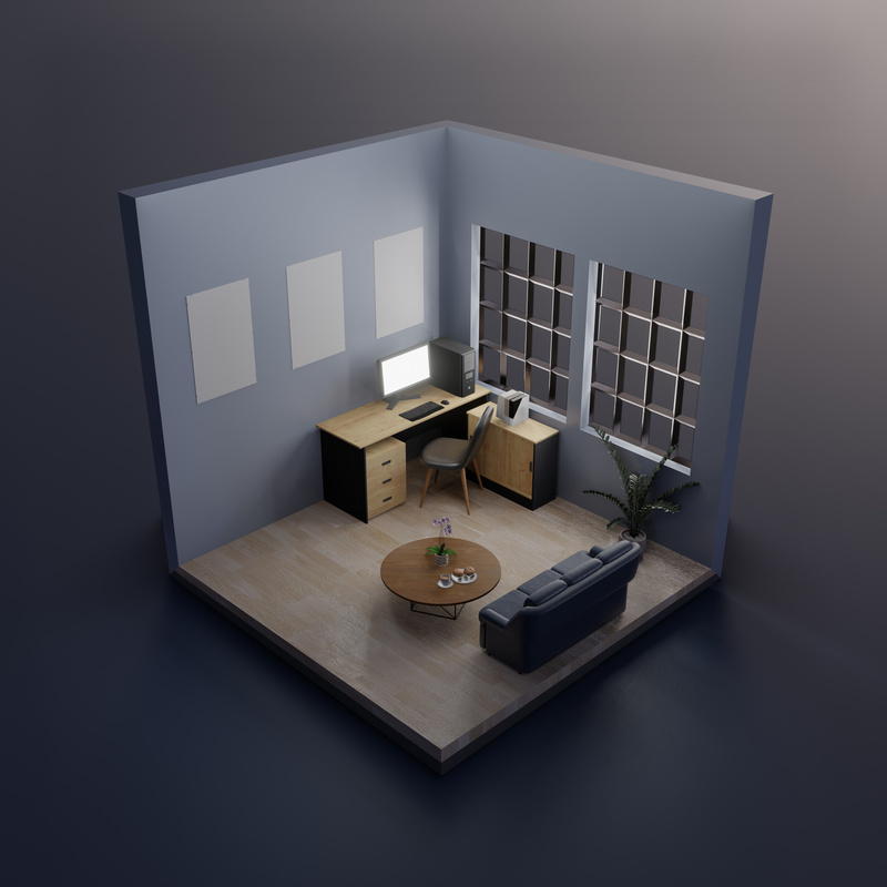 Isometric Working Room Interior 3D Rendering